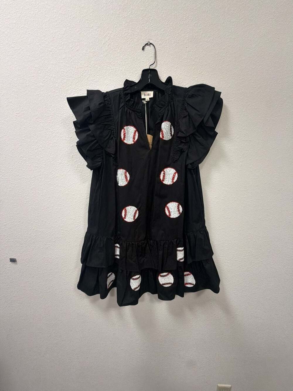 BiBi Baseball Sequin Ruffle Dress Size L Black Gameday